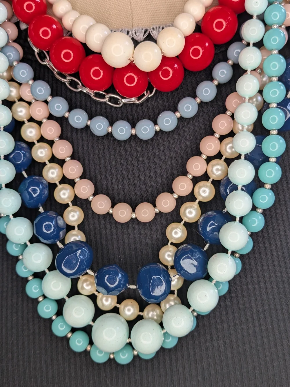 6pc Vintage Plastic Acrylic Bead Necklace Lot Mod Chunky Red Navy Pastel